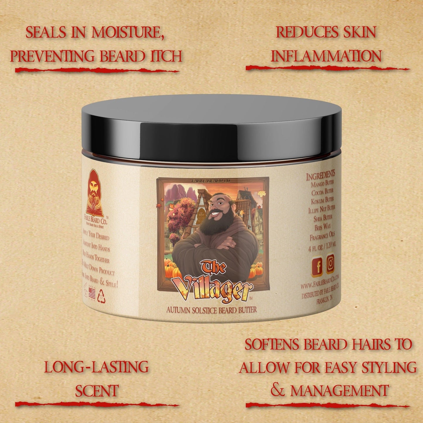Jar of 'The Villager' autumn solstice beard butter with text highlighting its benefits on a beige background.