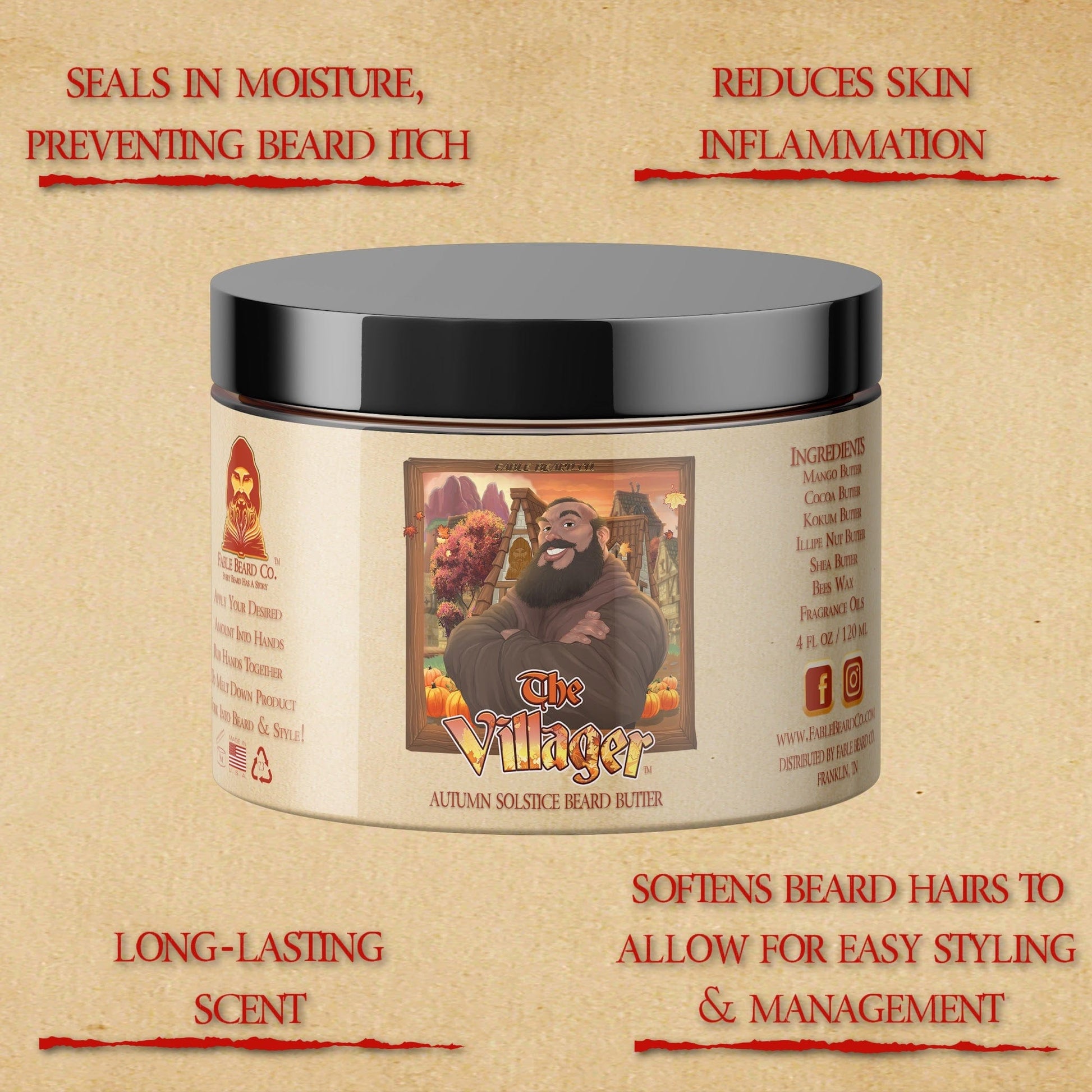 Jar of 'The Villager' autumn solstice beard butter with text highlighting its benefits on a beige background.