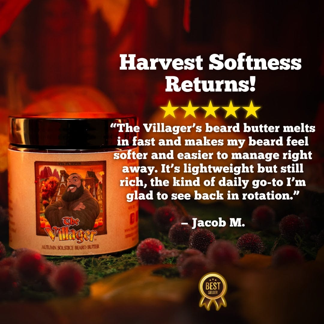 Beard butter product with customer review and five-star rating on a dark background