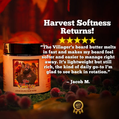 Beard butter product with customer review and five-star rating on a dark background