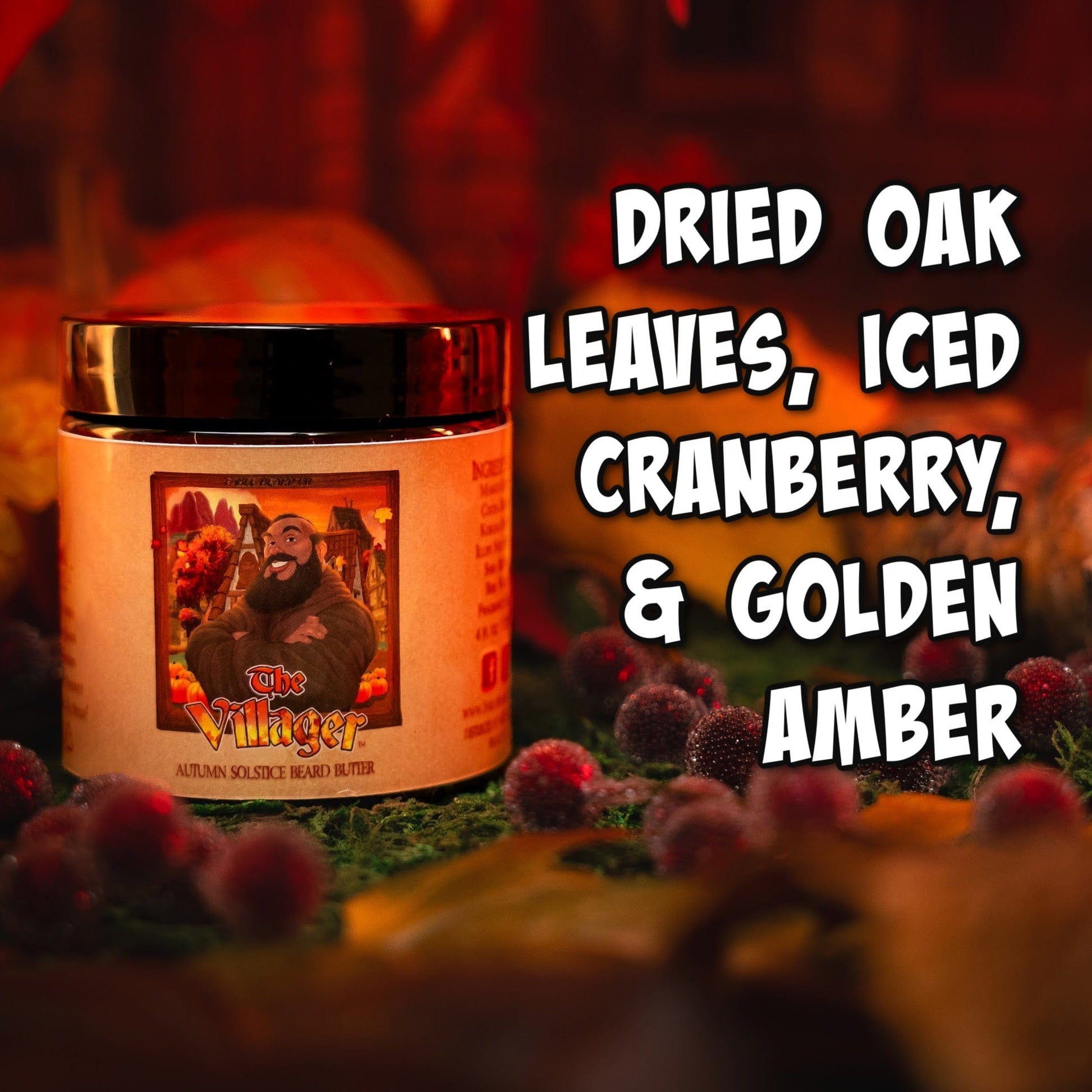 Beard Butter with 'The Villager' branding surrounded by dried leaves and cranberries on a dark background