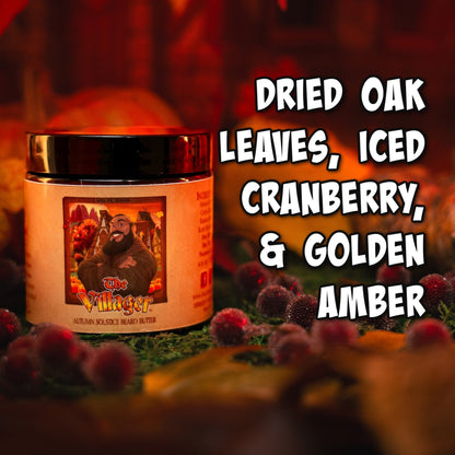 Beard Butter with 'The Villager' branding surrounded by dried leaves and cranberries on a dark background