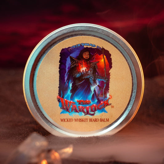Tin of Wizard Whiskey Beard Balm with a mystical design on a dark background
