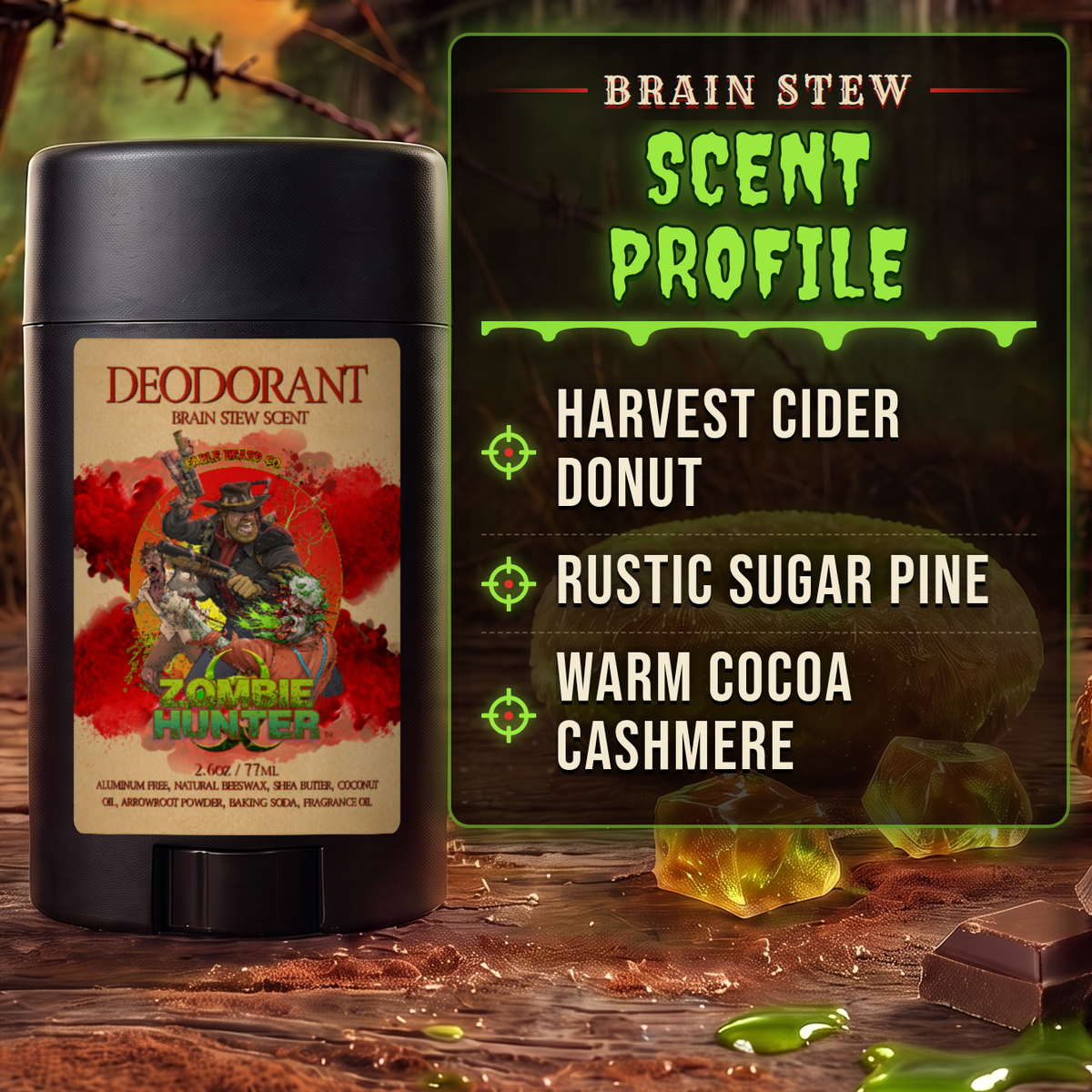 Zombie Hunter - Deodorant - Harvest Cider Donut, Rustic Sugar Pine, Warm Cocoa Cashmere