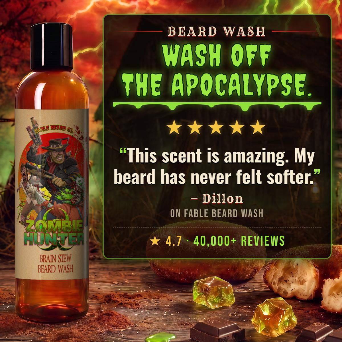 Zombie Hunter - Beard Wash - Harvest Cider Donut, Rustic Sugar Pine, Warm Cocoa Cashmere