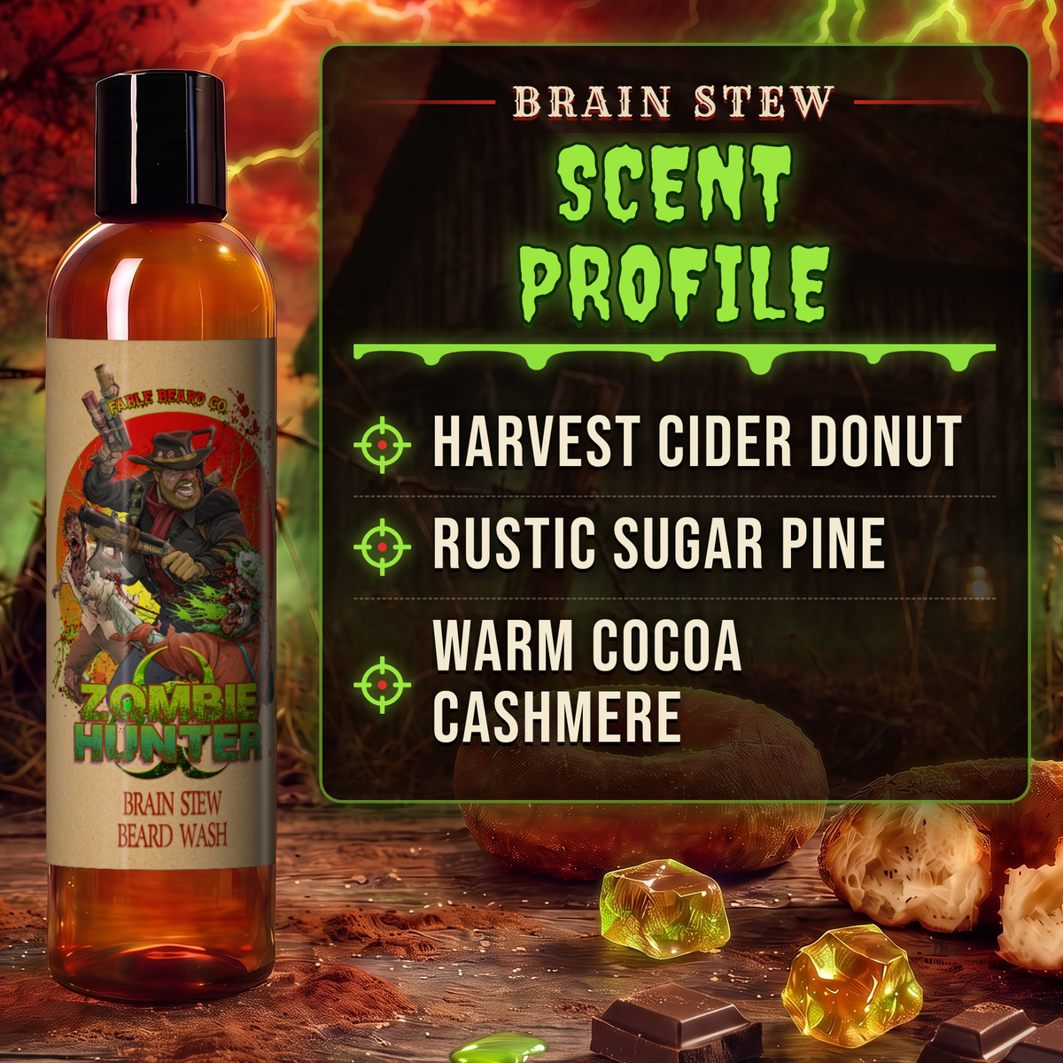 Zombie Hunter - Beard Wash - Harvest Cider Donut, Rustic Sugar Pine, Warm Cocoa Cashmere