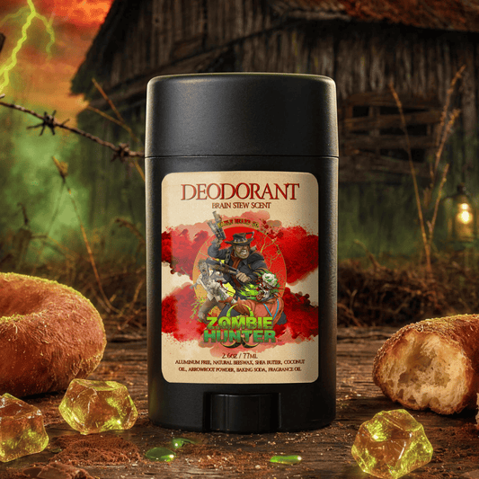 Zombie Hunter natural deodorant in Harvest Cider Donut, Rustic Sugar Pine and Warm Cocoa Cashmere scent by Fable Beard Co.