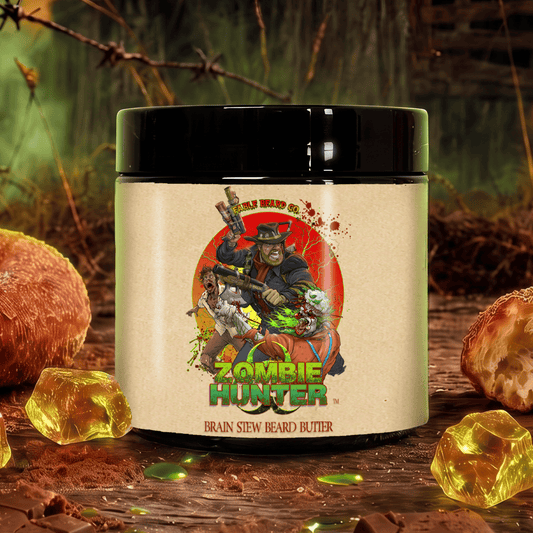 Zombie Hunter beard butter in Harvest Cider Donut, Rustic Sugar Pine and Warm Cocoa Cashmere scent by Fable Beard Co.