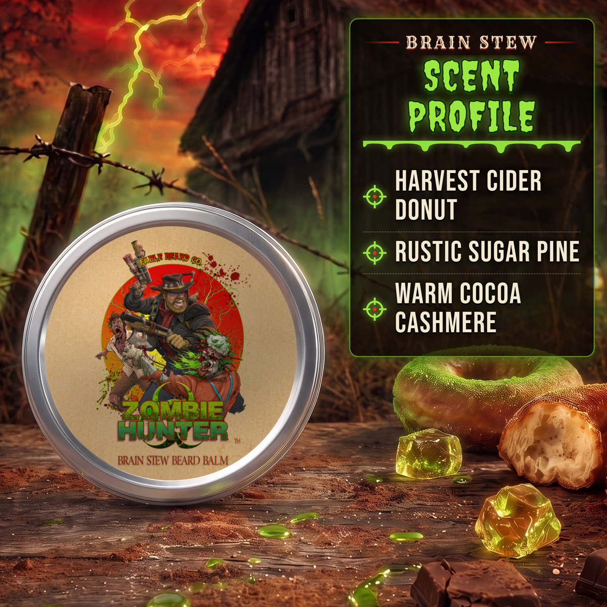 Zombie Hunter - Beard Balm - Harvest Cider Donut, Rustic Sugar Pine, Warm Cocoa Cashmere