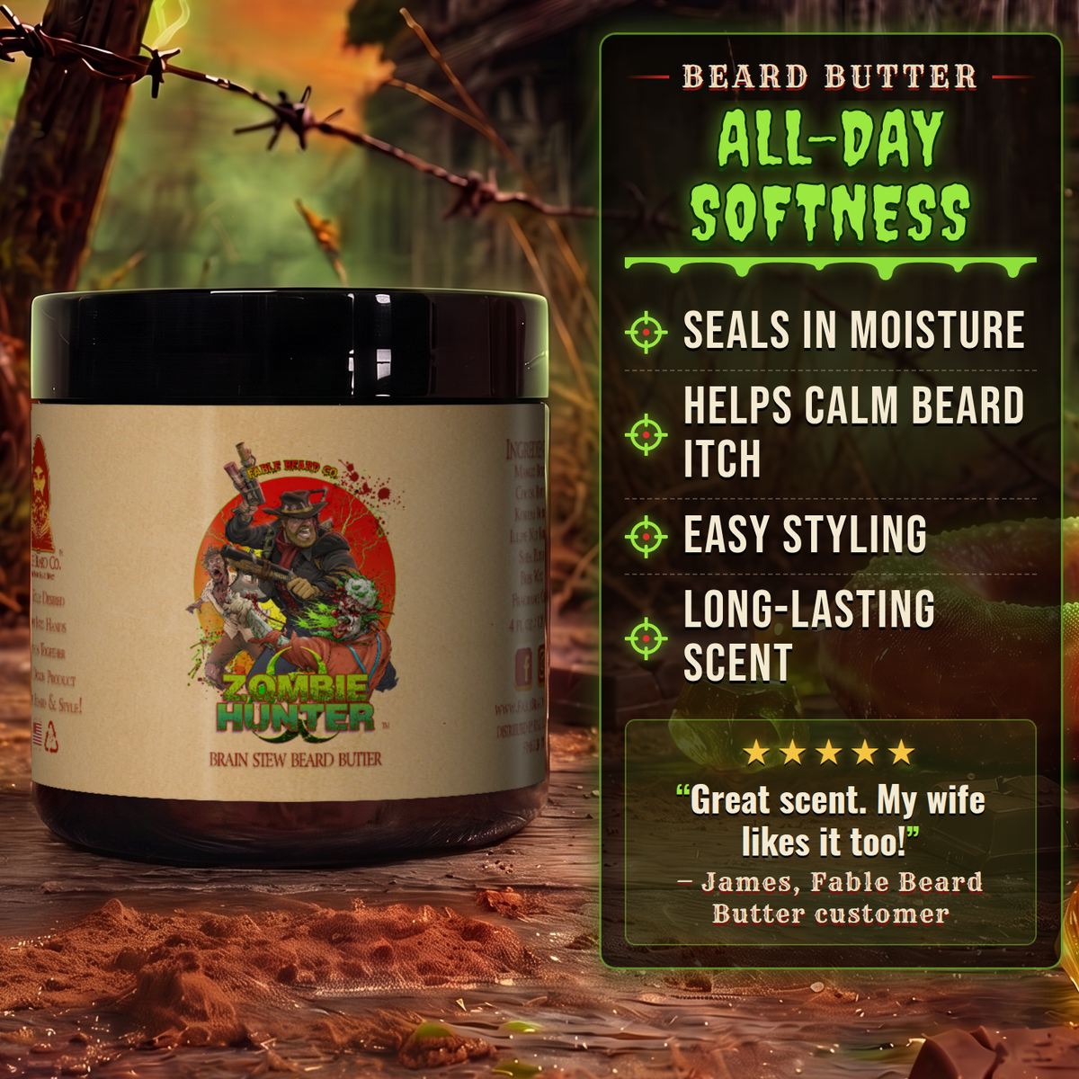 Zombie Hunter - Beard Butter - Harvest Cider Donut, Rustic Sugar Pine, Warm Cocoa Cashmere