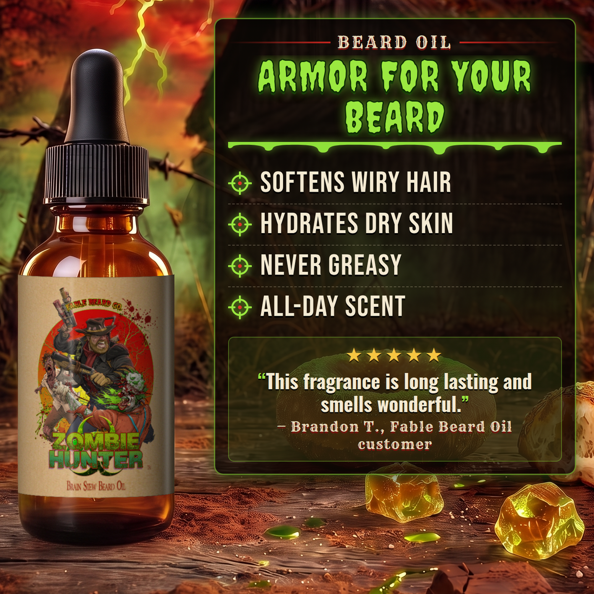 Zombie Hunter - Beard Oil - Harvest Cider Donut, Rustic Sugar Pine, Warm Cocoa Cashmere