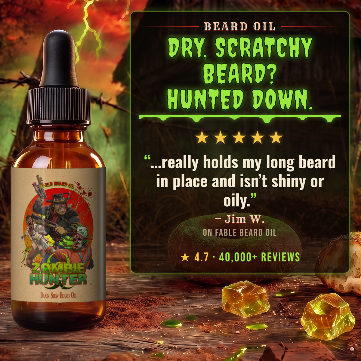 Zombie Hunter - Beard Oil - Harvest Cider Donut, Rustic Sugar Pine, Warm Cocoa Cashmere