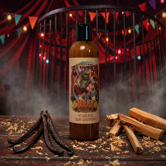 The Mane Event beard conditioner in Fall Mountain Air, Warm Cashmere and Sandalwood Vanilla scent by Fable Beard Co.