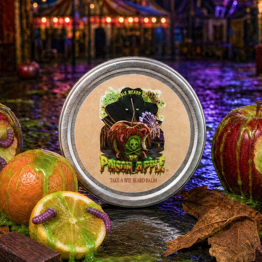 The Poison Apple beard balm in Fatal Apple Bite, Dark Mahogany Woods, Cloaked Tobacco and Citrus scent by Fable Beard Co.