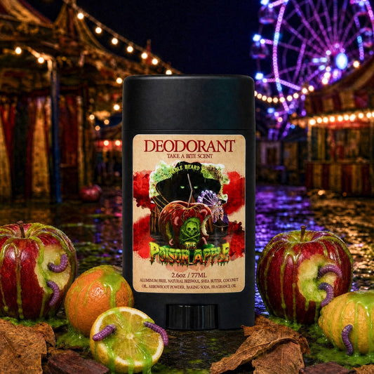 The Poison Apple natural deodorant in Fatal Apple Bite, Dark Mahogany Woods, Cloaked Tobacco and Citrus scent by Fable Beard Co.