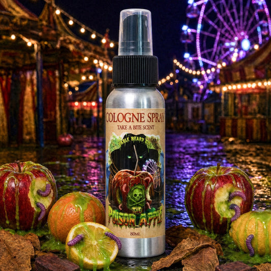 The Poison Apple cologne in Fatal Apple Bite, Dark Mahogany Woods, Cloaked Tobacco and Citrus scent by Fable Beard Co.