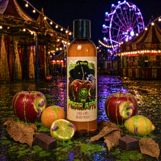The Poison Apple beard wash in Fatal Apple Bite, Dark Mahogany Woods, Cloaked Tobacco and Citrus scent by Fable Beard Co.