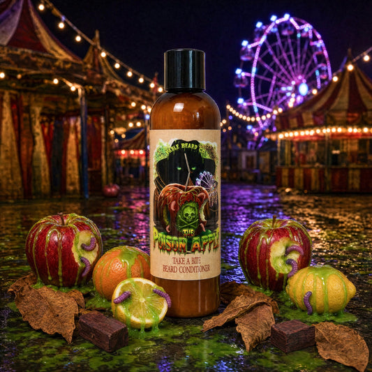 The Poison Apple beard conditioner in Fatal Apple Bite, Dark Mahogany Woods, Cloaked Tobacco and Citrus scent by Fable Beard Co.