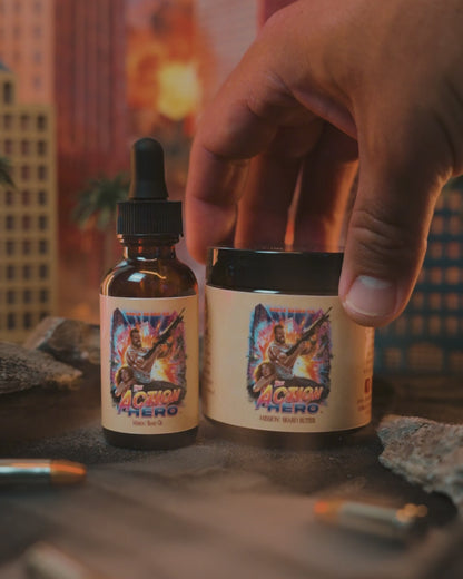 The Action Hero - Beard Oil & Butter Kit - Musky Cedarwood, Warm Caraway, Velvety Apricot